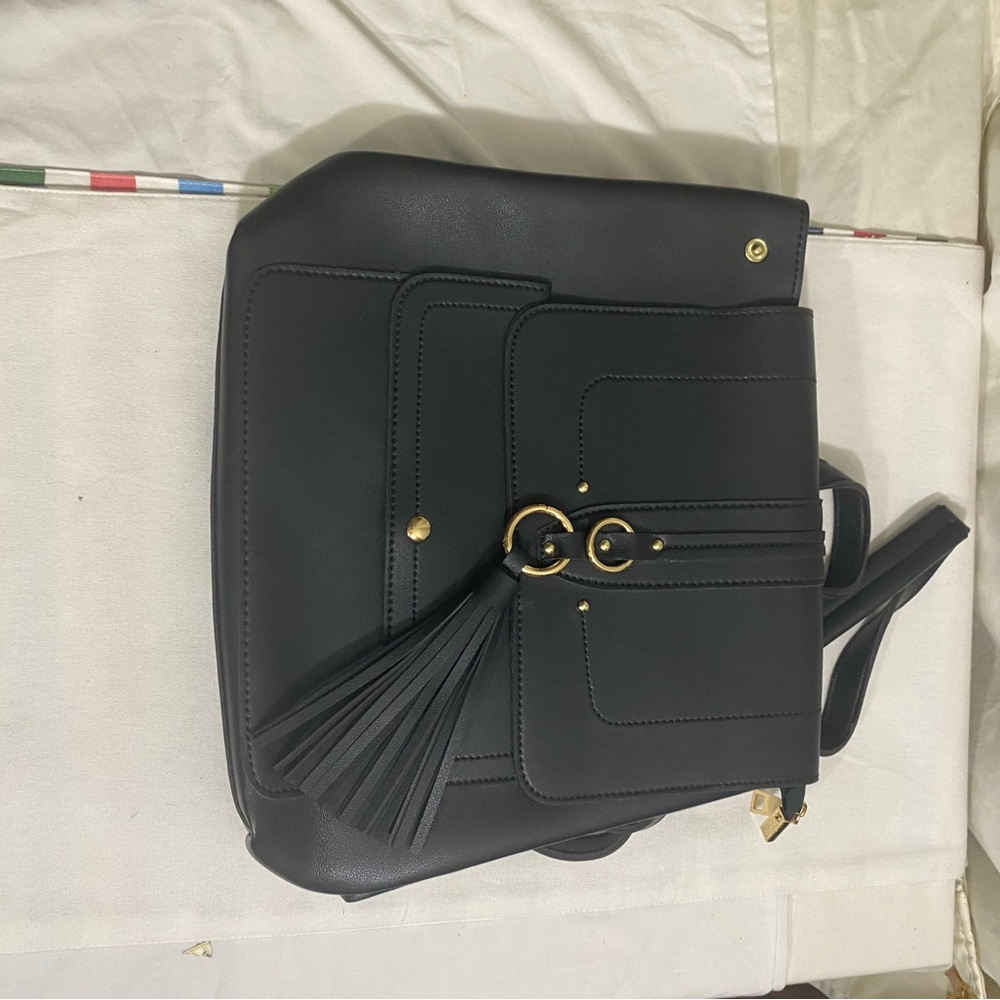 Black Faux Leather Convertible Back Pack Purse Gold Hardware Shoulder Bag Womens
